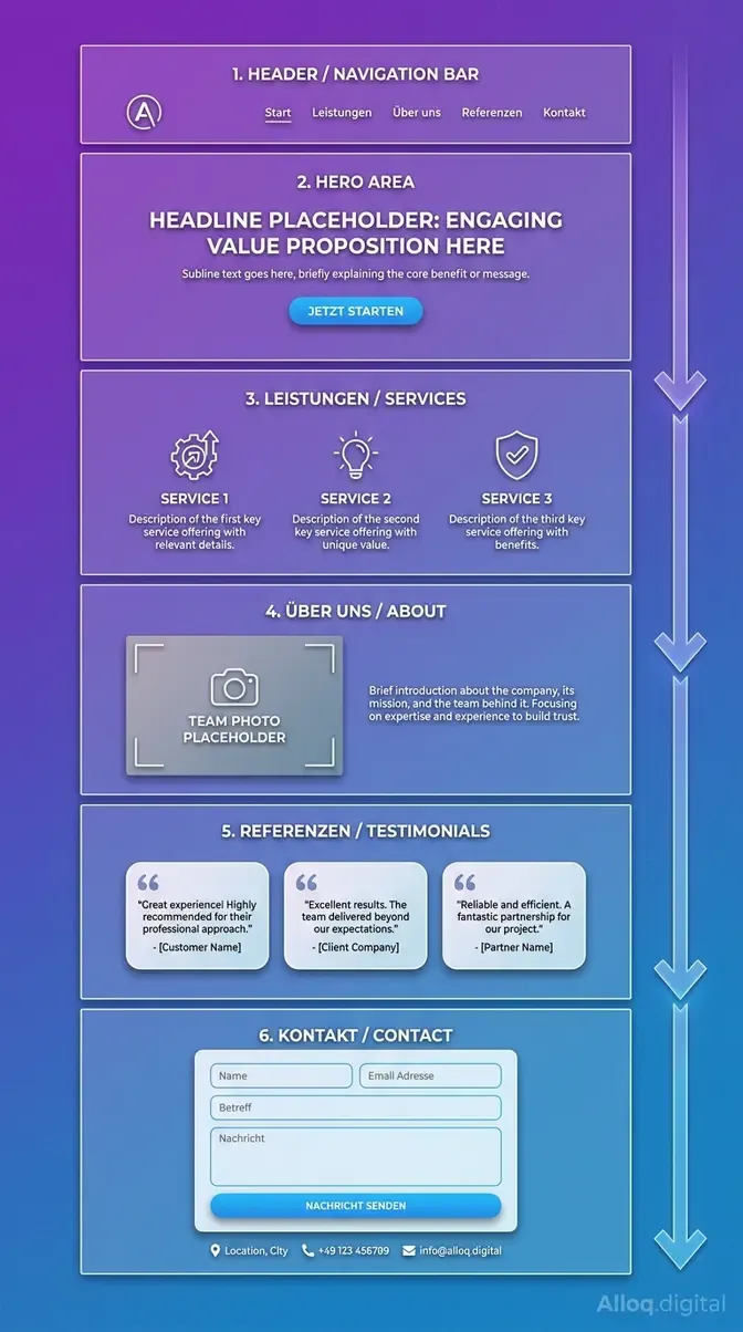 Infografik: Schematischer Aufbau einer Onepager-Website mit sechs typischen Abschnitten von oben nach unten