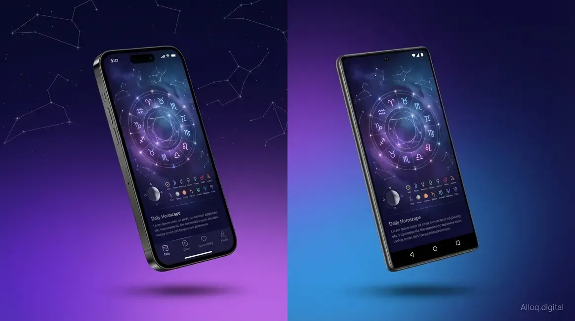 App Entwicklung Ergebnis – Premium-Astrology-App auf iPhone und Android nebeneinander
