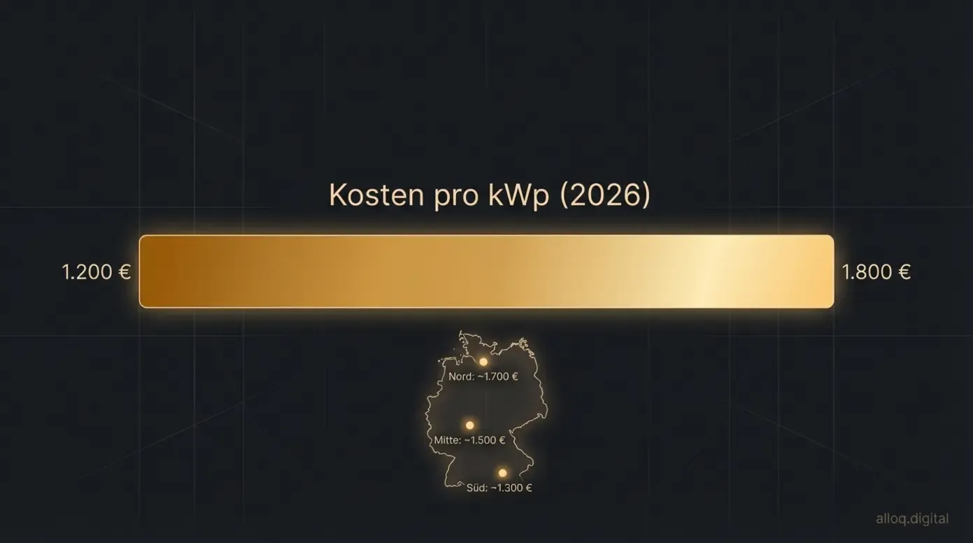 Preisrange-Diagramm für Photovoltaik-Kosten 2026: 1.200 bis 1.800 Euro pro kWp je nach Region