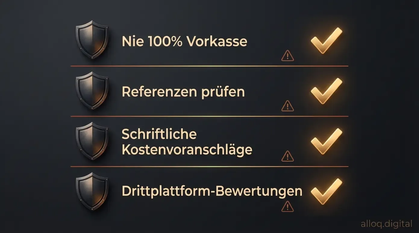 Schutz-Checkliste mit vier Warnsignalen und Maßnahmen bei der Handwerker-Beauftragung über Aroundhome