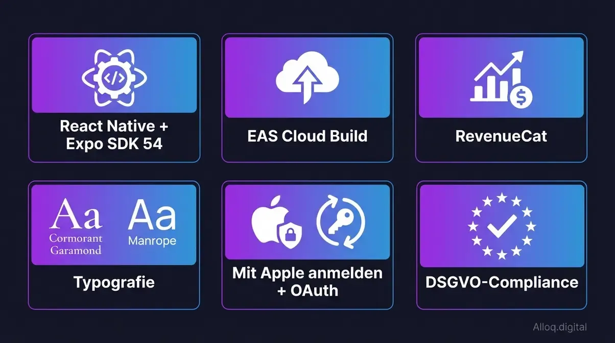 App Entwicklung Technologie-Stack – React Native Expo RevenueCat Übersicht als Infografik