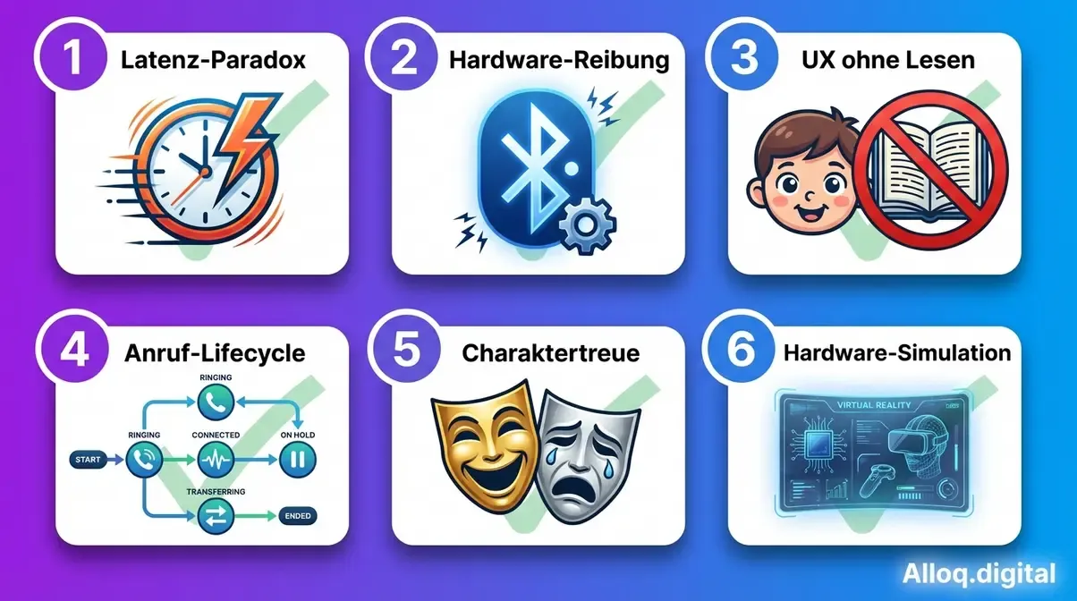 Die 6 gelösten Kernprobleme bei der Augusto KI-Sprachassistent-Entwicklung als nummerierte Übersicht