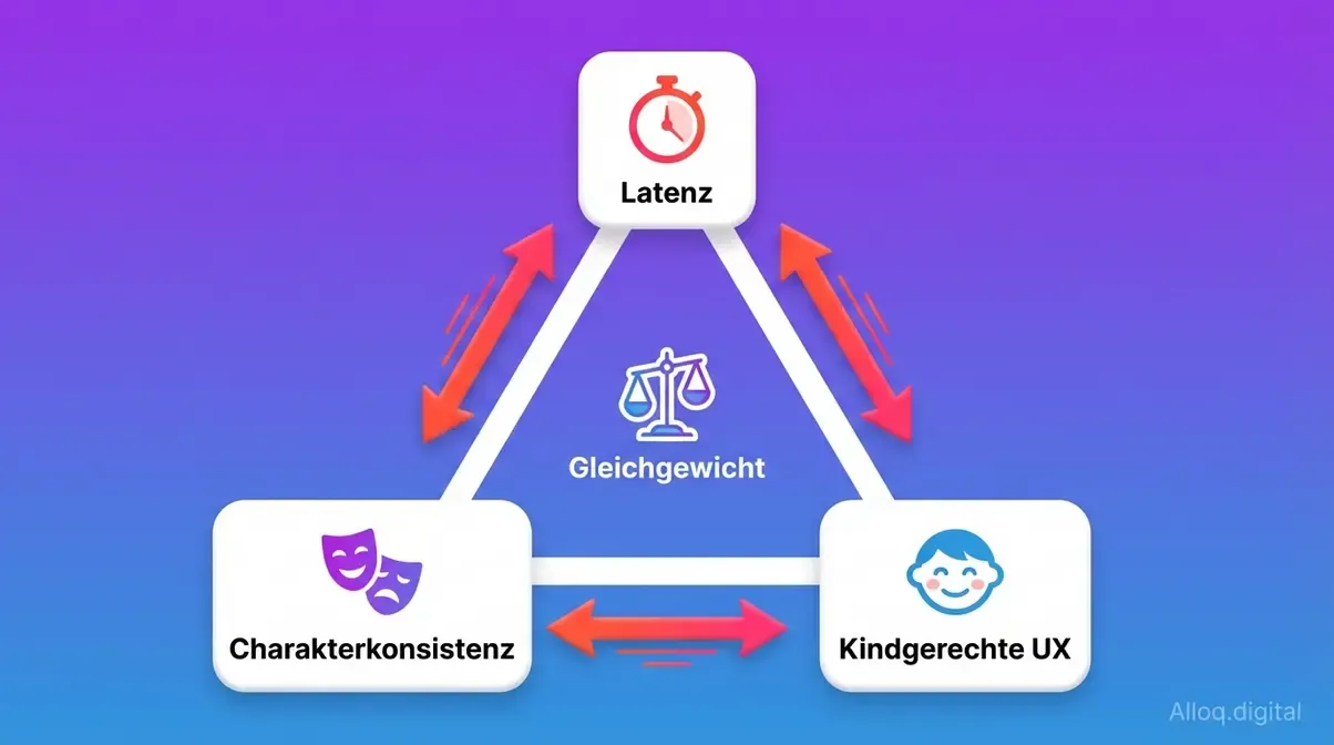 Voice-Charakter-Dreieck mit drei Achsen: Latenz, Charakterkonsistenz und kindgerechte UX mit Spannungspfeilen