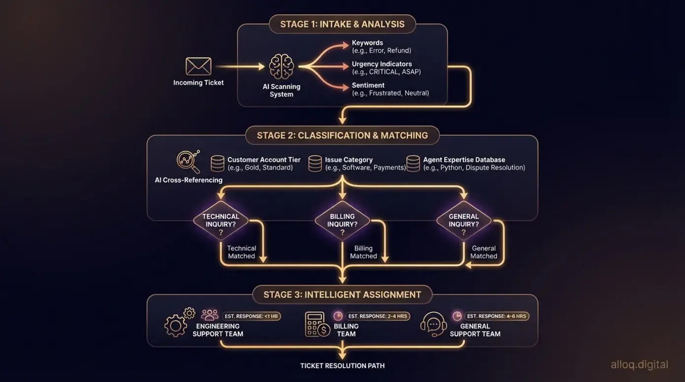 Three-stage flowchart showing intelligent ticket routing from intake analysis through classification to specialist assignment
