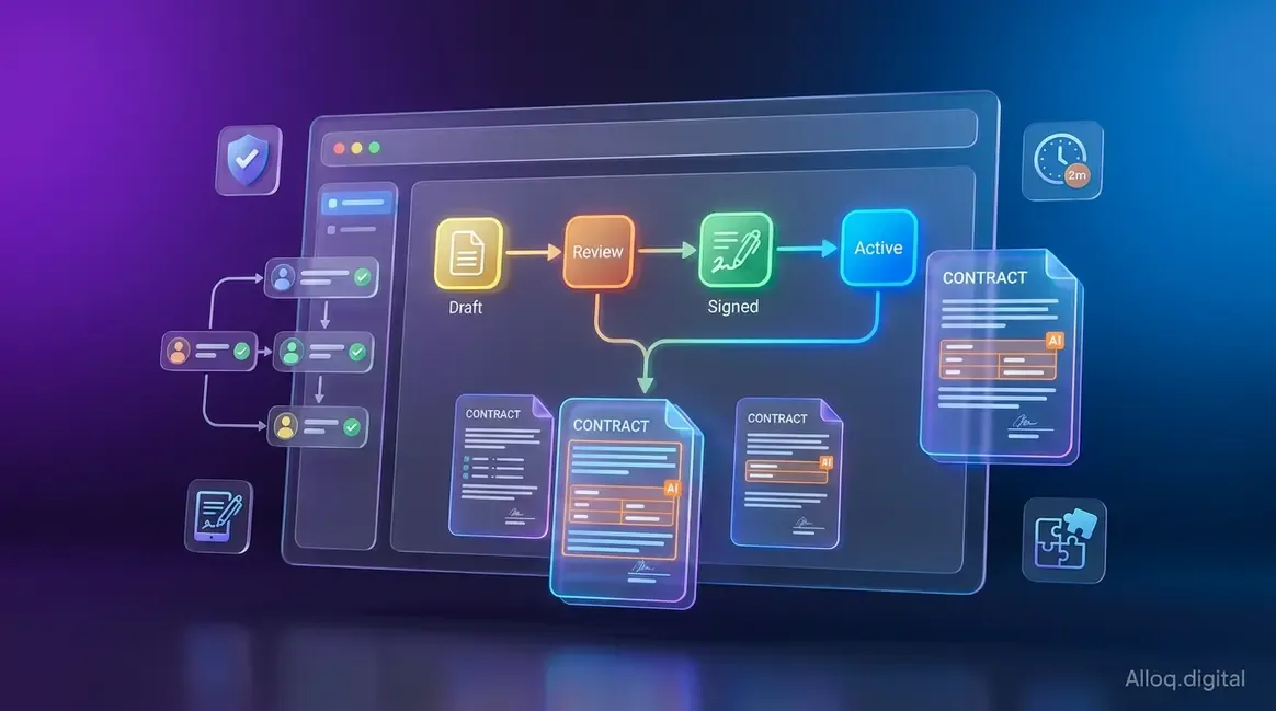 Best contract management software dashboard showing AI-powered CLM workflow and contract lifecycle stages