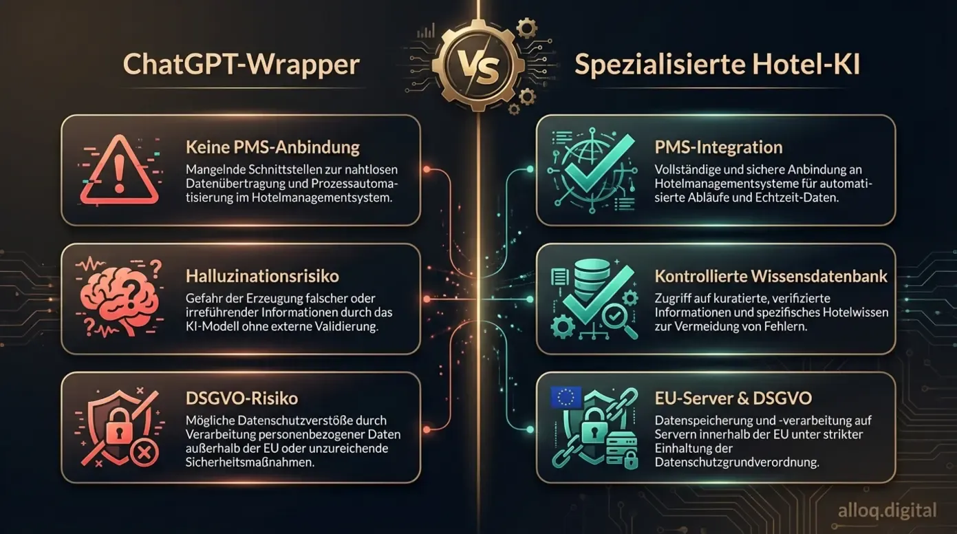 Vergleich ChatGPT-Wrapper versus spezialisierte Hotel-KI in drei kritischen Kategorien