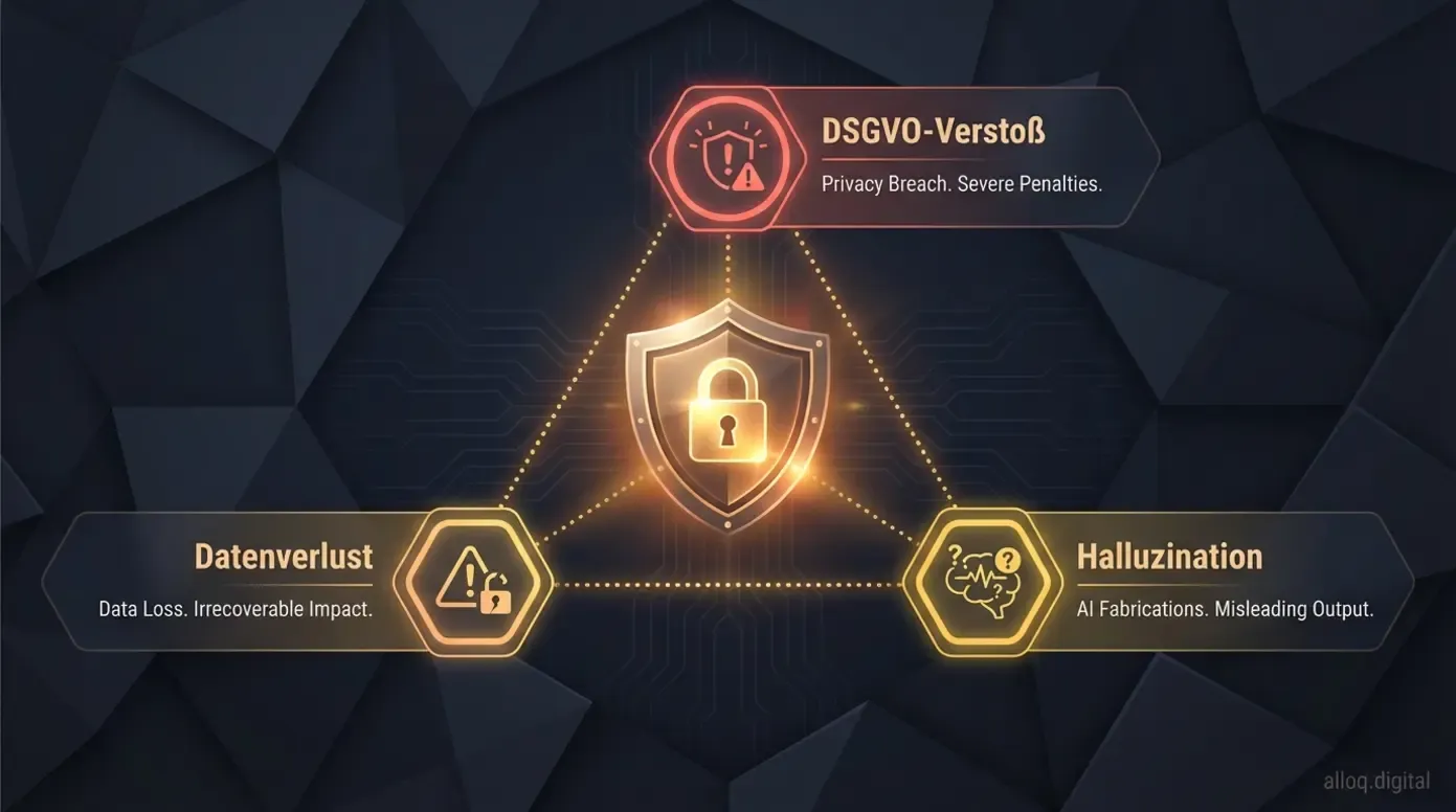 Sicherheits-Infografik mit drei Hauptrisiken bei Hotel-Chatbots: DSGVO, Datenverlust und Halluzination