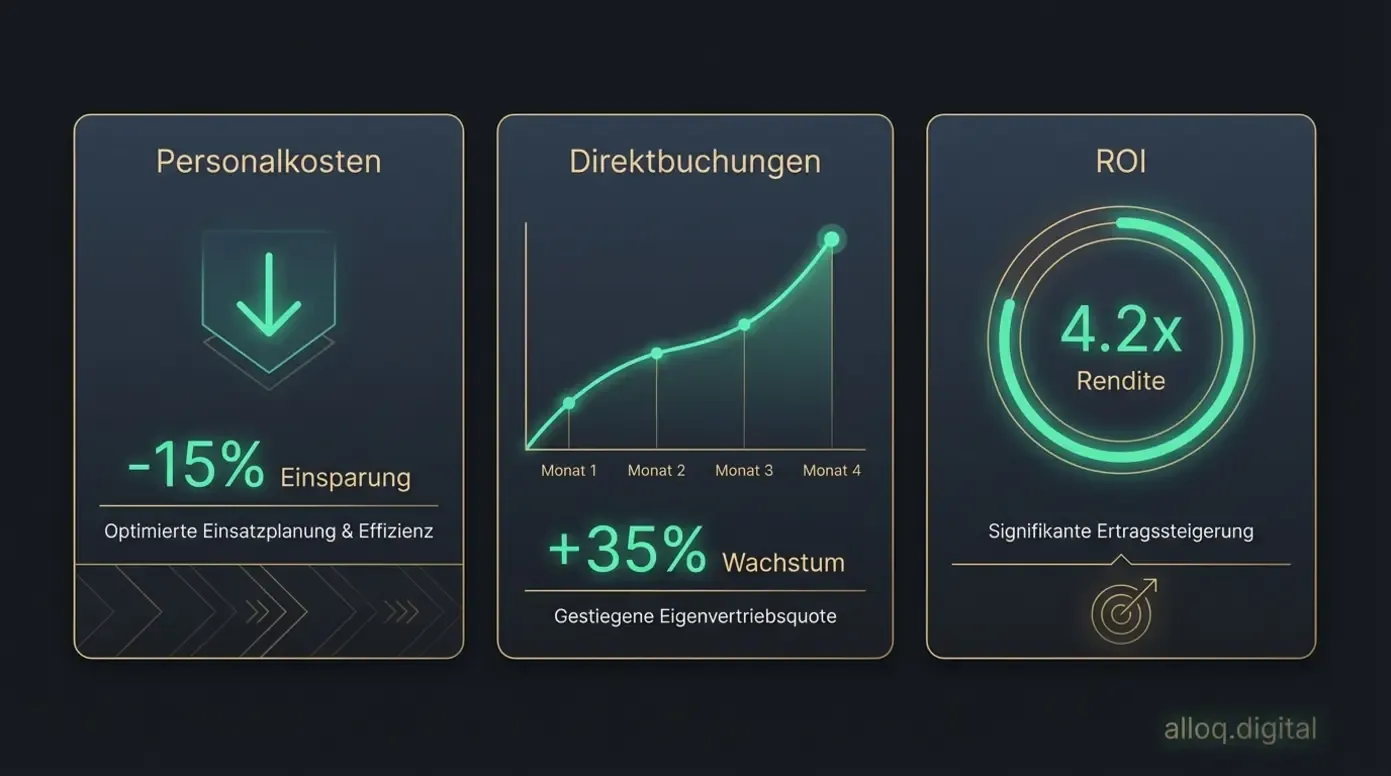 Dashboard mit drei ROI-Kennzahlen für Hotel-Chatbots: Personalkosten, Direktbuchungen und ROI