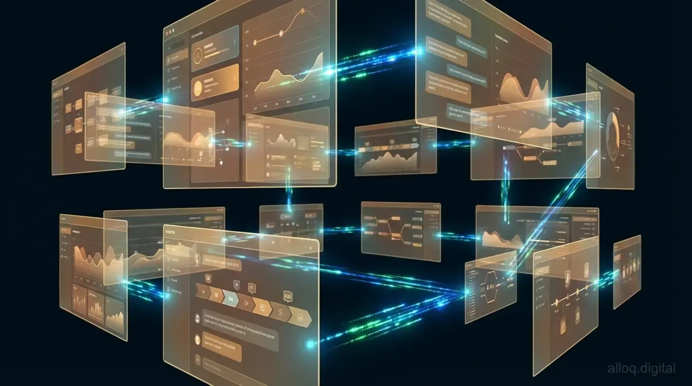 Abstract representation of seamless global collaboration bridging departmental data silos for remote workers.