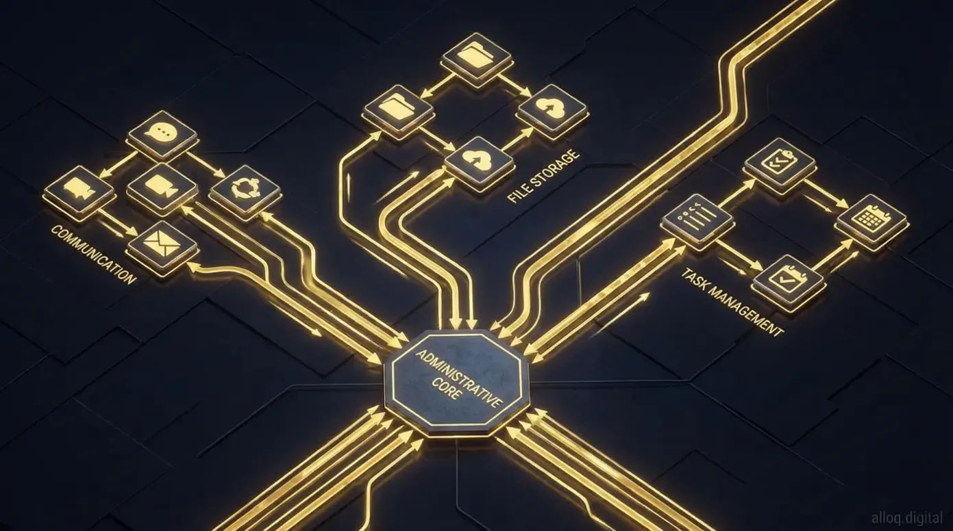 Network map visualizing a centralized cloud productivity ecosystem linking various operational modules.