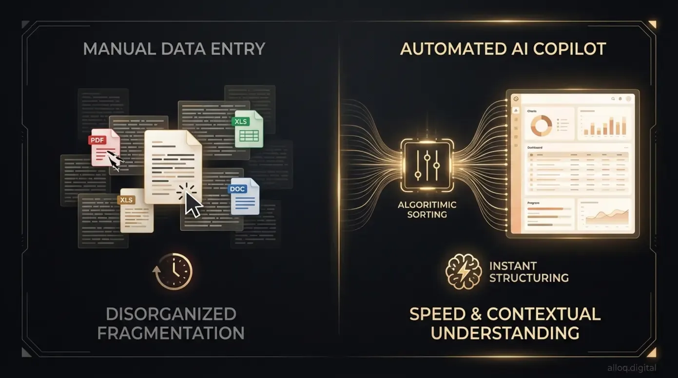 Split-screen visualization comparing manual data entry with an automated algorithmic AI workflow.