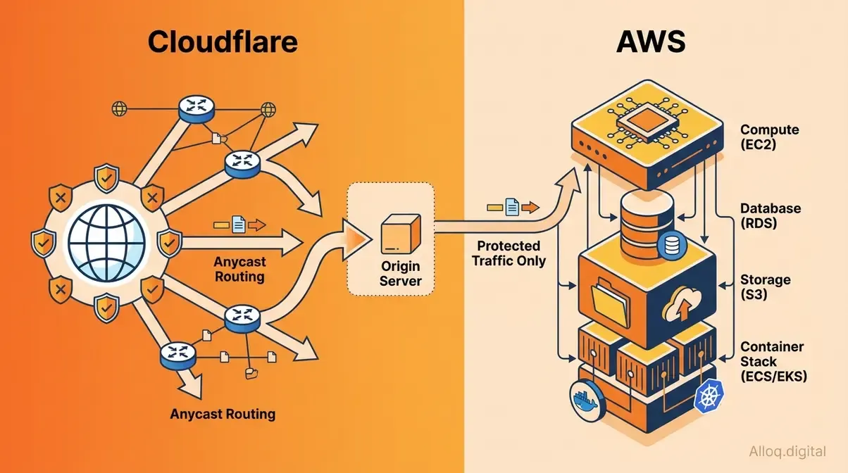Cloudflare edge network architecture compared to AWS full-stack cloud infrastructure layers showing protected traffic flow