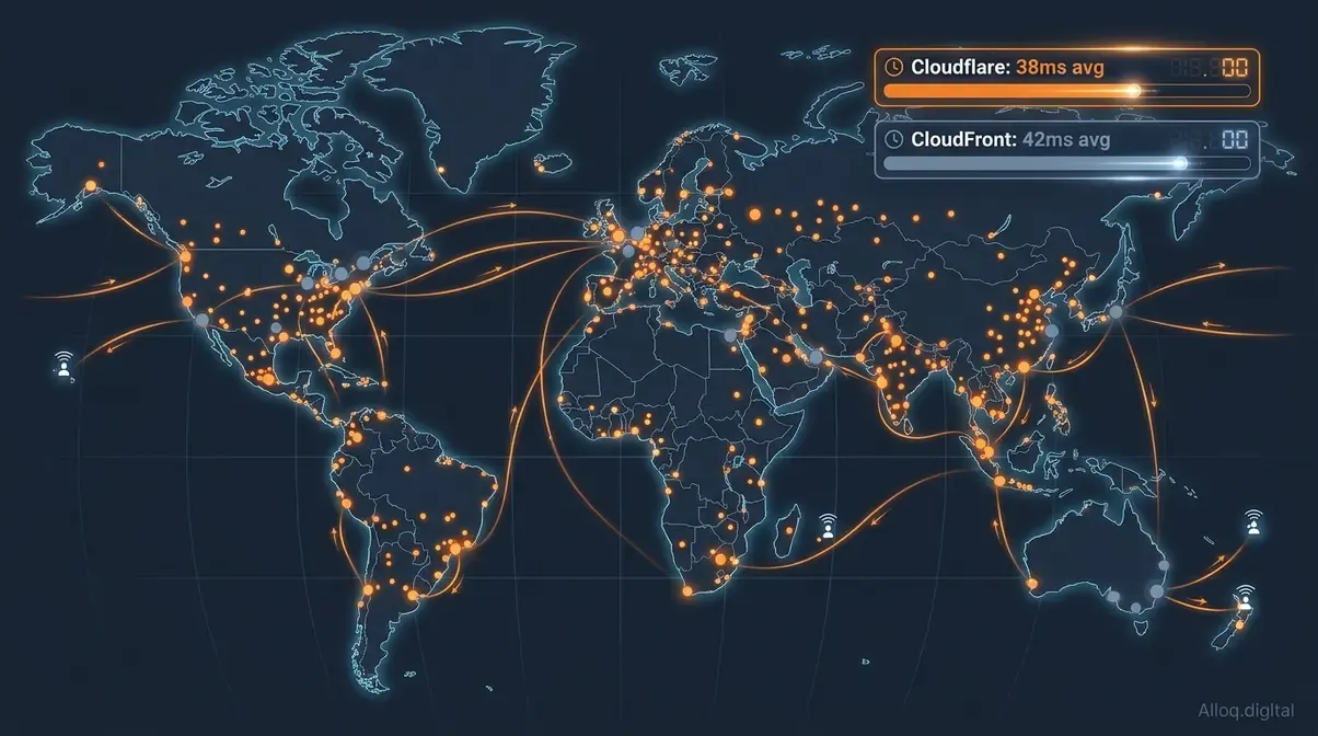 Global CDN performance map comparing Cloudflare 330 edge locations against CloudFront with TTFB benchmark bars showing 38ms versus 42ms