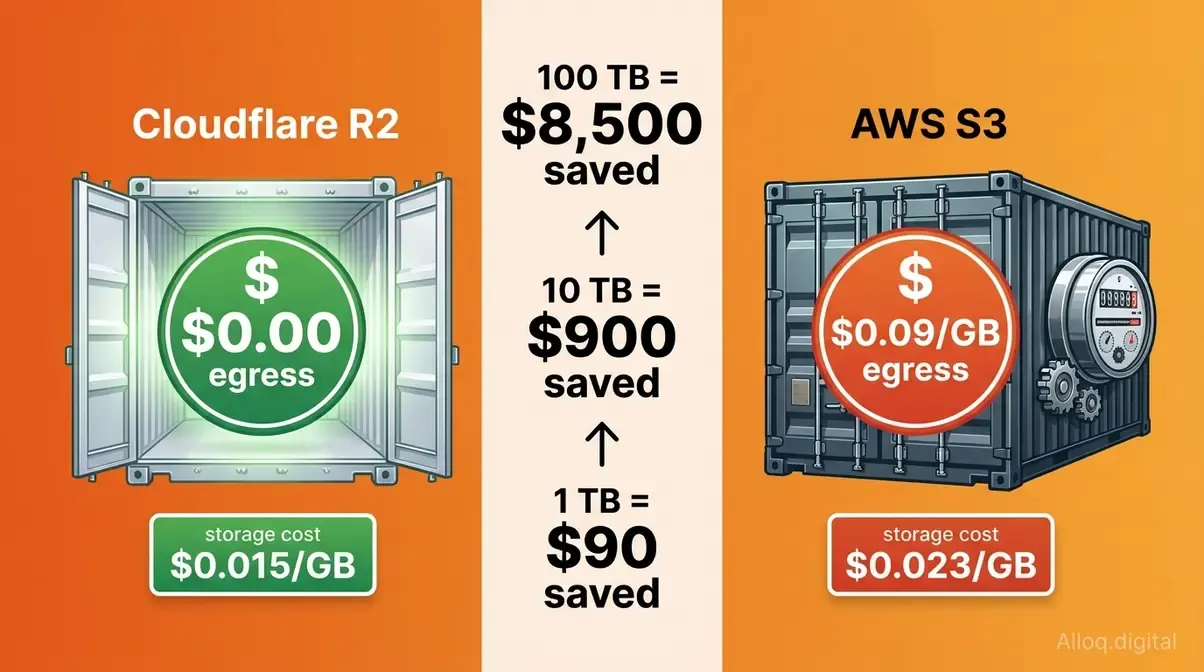 Cloudflare R2 zero dollar egress cost versus AWS S3 zero point zero nine dollars per gigabyte egress with monthly savings scale from 90 to 8500 dollars
