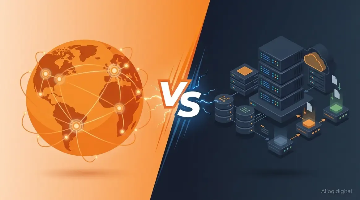 Cloudflare vs AWS comparison showing edge network globe against cloud infrastructure stack
