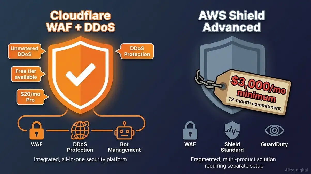 Security comparison showing Cloudflare unmetered DDoS protection free tier versus AWS Shield Advanced at three thousand dollars per month minimum