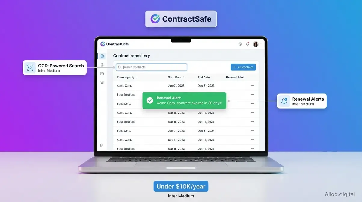 ContractSafe small business contract repository showing OCR-powered search and automated renewal alert dashboard