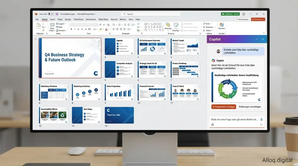Microsoft Copilot Chat-Panel in PowerPoint zur automatischen Foliengenerierung aus einem Textprompt
