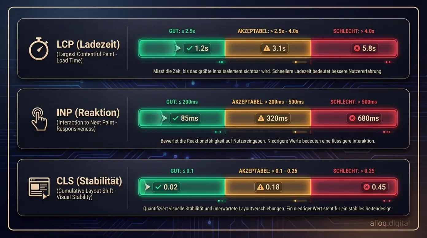 Infografik der 3 Core Web Vitals Metriken als Ampelsystem