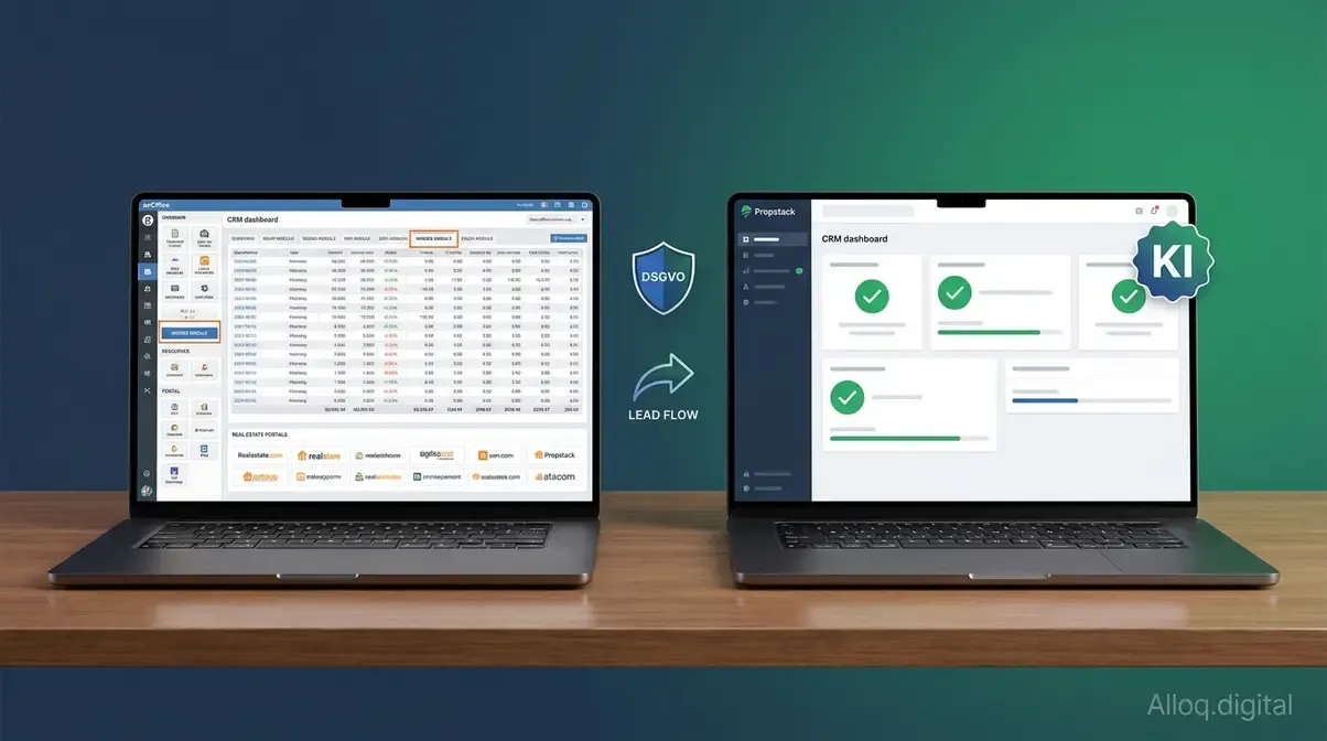 Vergleich von onOffice und Propstack CRM-Dashboard für Immobilienmakler mit DSGVO-Symbol