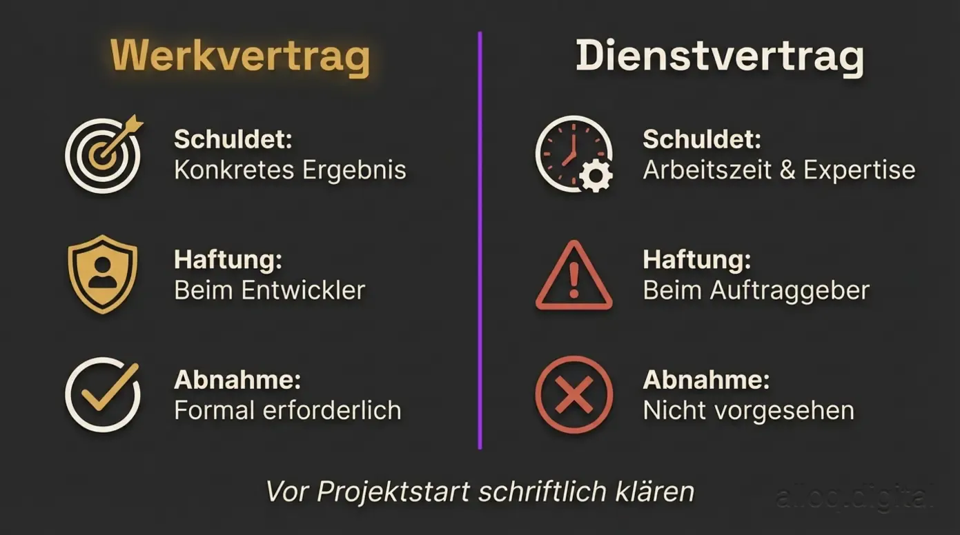 Vergleichsdiagramm: Werkvertrag versus Dienstvertrag mit Unterschieden bei Haftung und Abnahme