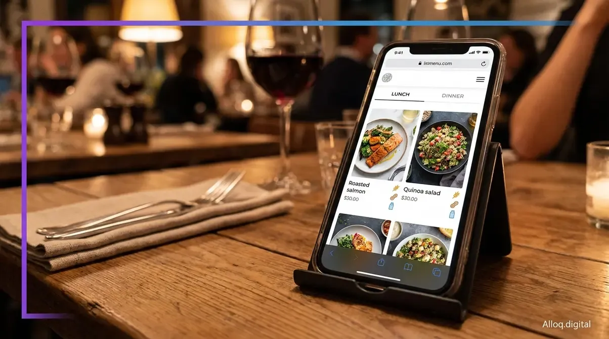 Digitale Speisekarte auf Smartphone mit Allergen-Filtern und Gerichtsfotos eingebettet in Restaurant-Website