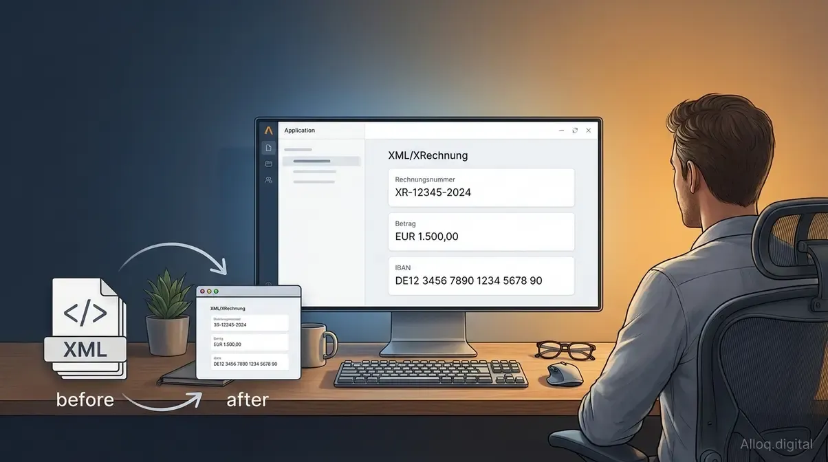 E-Rechnung kostenlos empfangen und lesen – XRechnung XML-Datei wird im Quba Viewer als lesbare Rechnung dargestellt