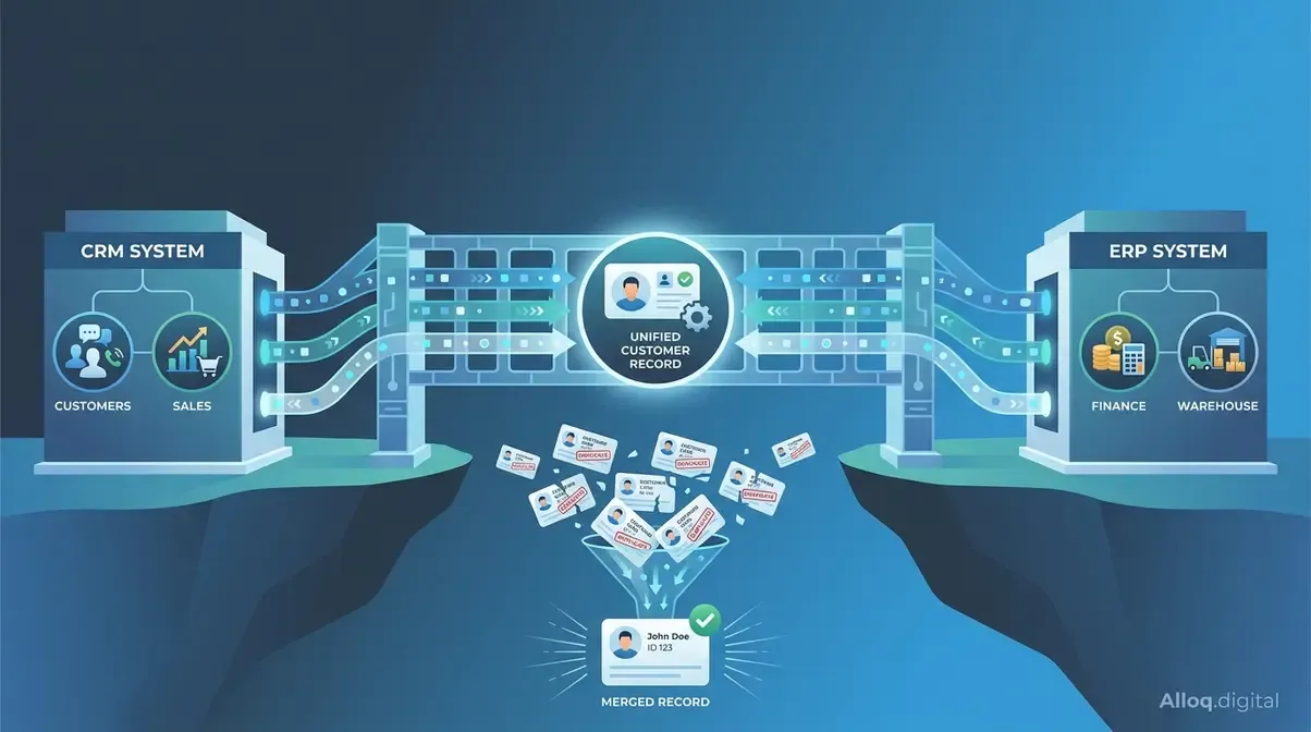 ERP-CRM-Integration als Brücke verbindet Frontoffice und Backoffice und vereint doppelte Kundendaten zu einem Datensatz