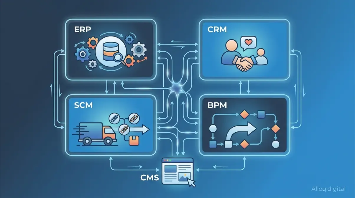 Übersicht der Unternehmenssoftware ERP, CRM, SCM und BPM als vernetzte Bausteine eines Betriebs