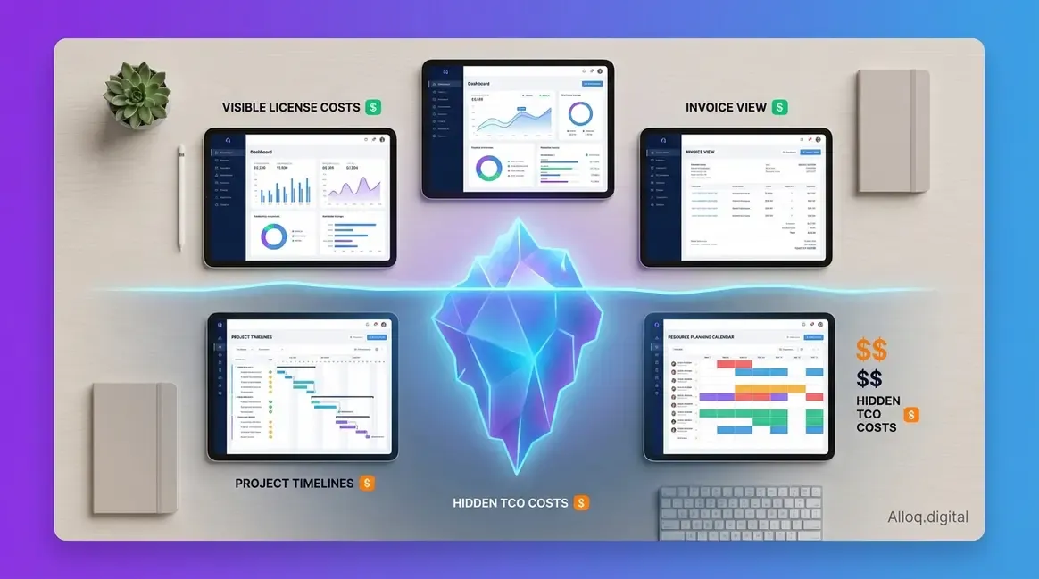 ERP für Dienstleister Vergleich – fünf Software-Dashboards mit TCO-Eisberg-Visualisierung