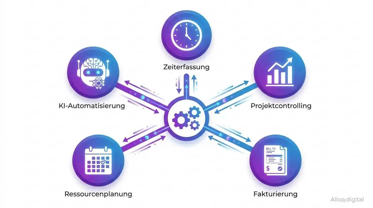 Fünf Kernfunktionen eines ERP für Dienstleister in einem Hub-and-Spoke-Diagramm dargestellt