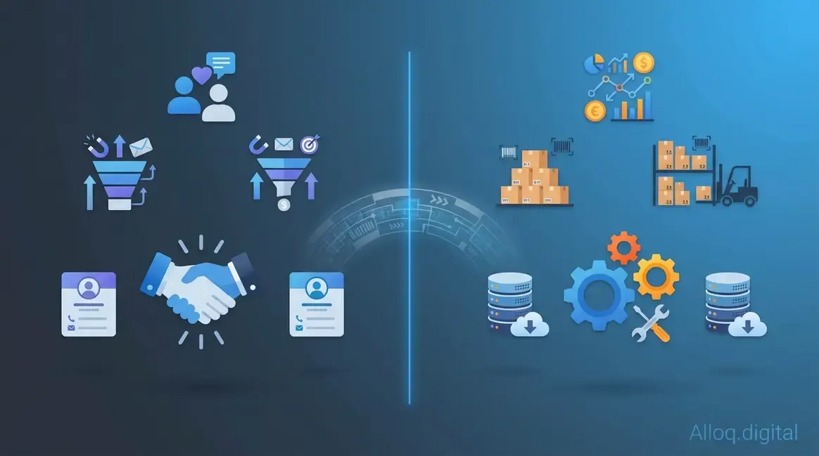 ERP vs. CRM Vergleich zeigt Frontoffice-Kundenprozesse gegenüber Backoffice-Finanzprozessen im Unternehmen