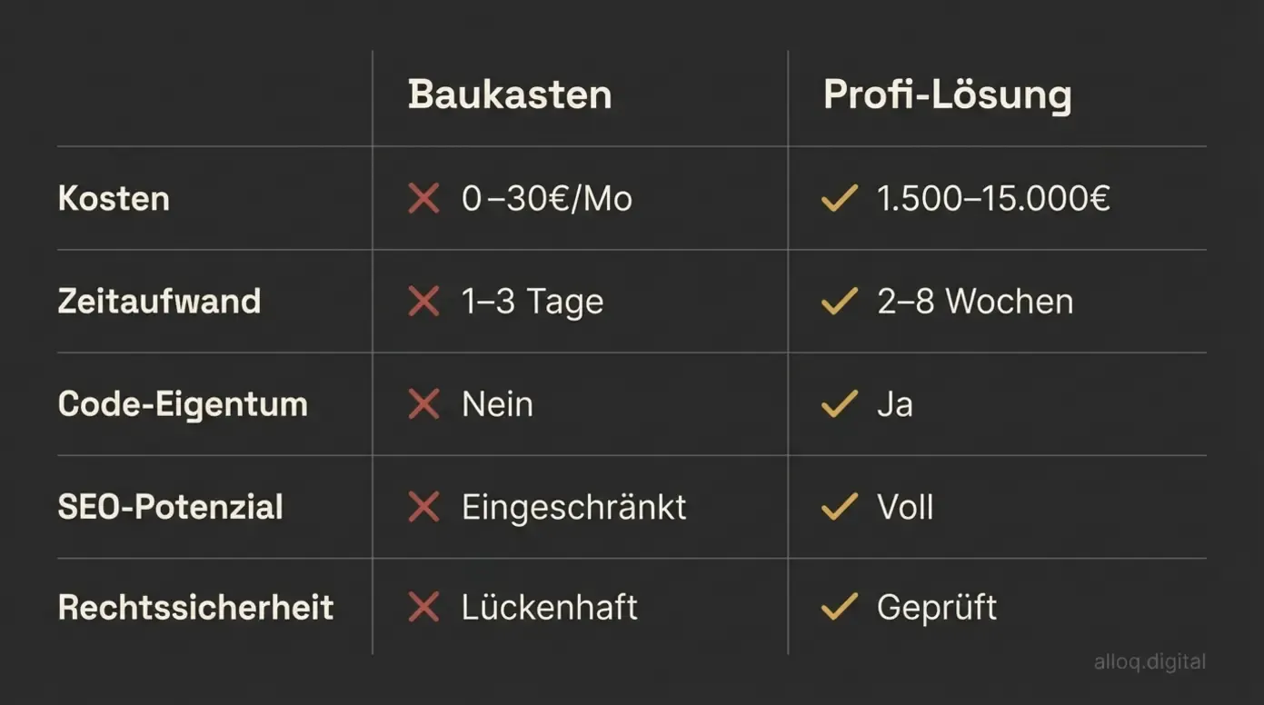 Vergleichstabelle Baukasten versus professionelle Website-Lösung mit fünf Kriterien