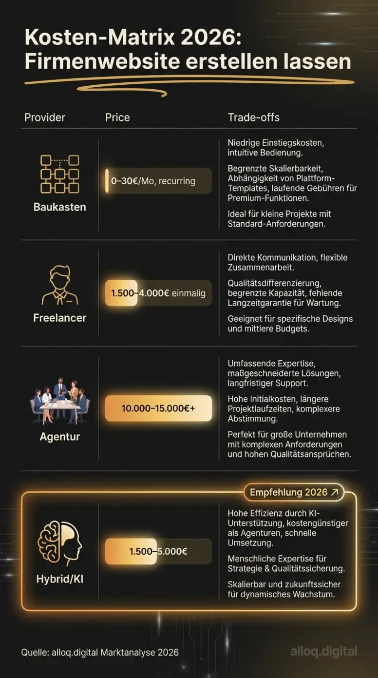Infografik Kosten-Matrix 2026 mit Preisvergleich für Baukasten, Freelancer, Agentur und Hybrid-Lösung