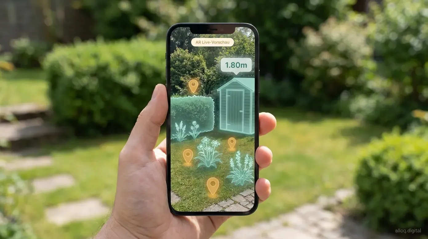 Augmented-Reality-App zeigt virtuelle Pflanzen und Hecken im realen Garten auf dem Smartphone