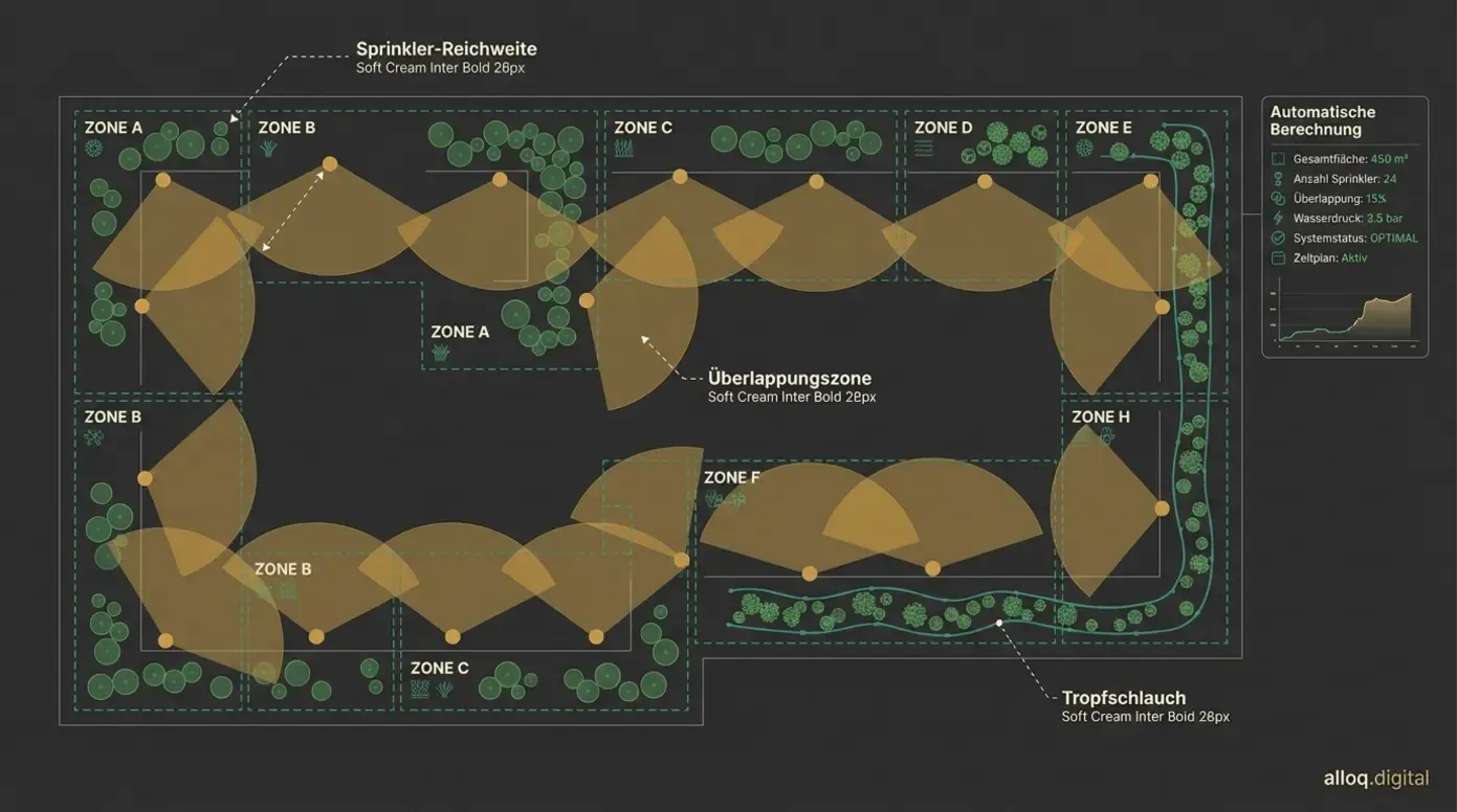 Schematische Darstellung automatischer Bewässerungsplanung mit Sprinkler-Reichweiten und Überlappungszonen