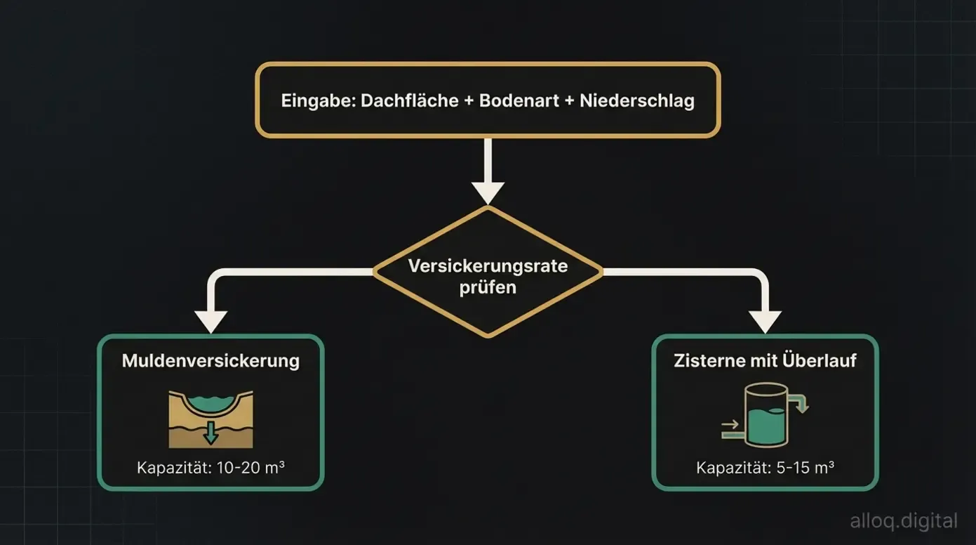 Flussdiagramm für digitales Regenwassermanagement: Von der Dachfläche zur optimalen Versickerungslösung