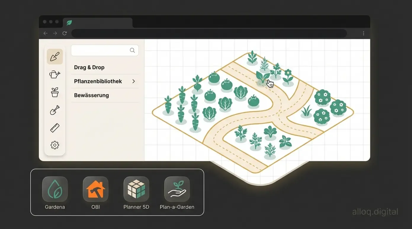 Browser-basierter kostenloser Gartenplaner mit Drag-and-Drop-Oberfläche und Pflanzenbibliothek