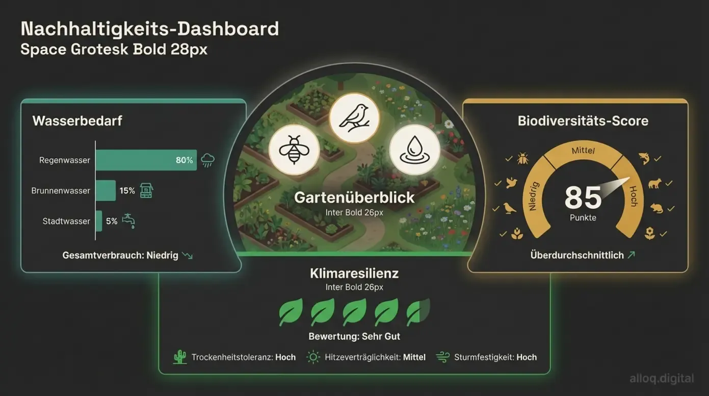 Nachhaltigkeits-Dashboard für Gartenplanung mit Wasserbedarf, Biodiversitäts-Score und Klimaresilienz