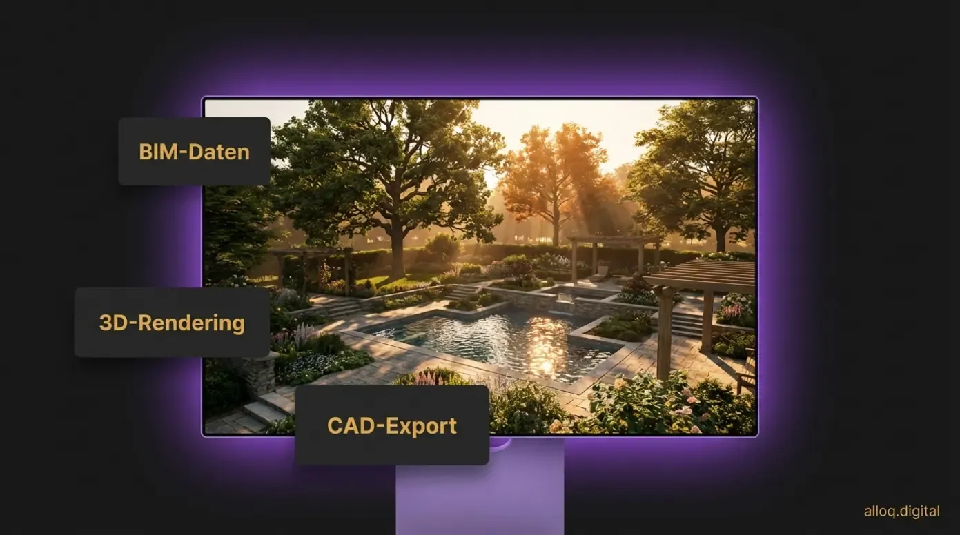 Professionelle 3D-Gartenplanung Software zeigt fotorealistisches Rendering mit Schatten und Beleuchtung