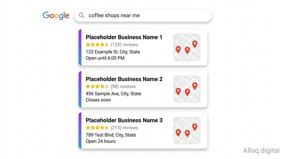 Google Local Pack mit drei Unternehmensprofilkarten bei einer lokalen Google-Suchanfrage