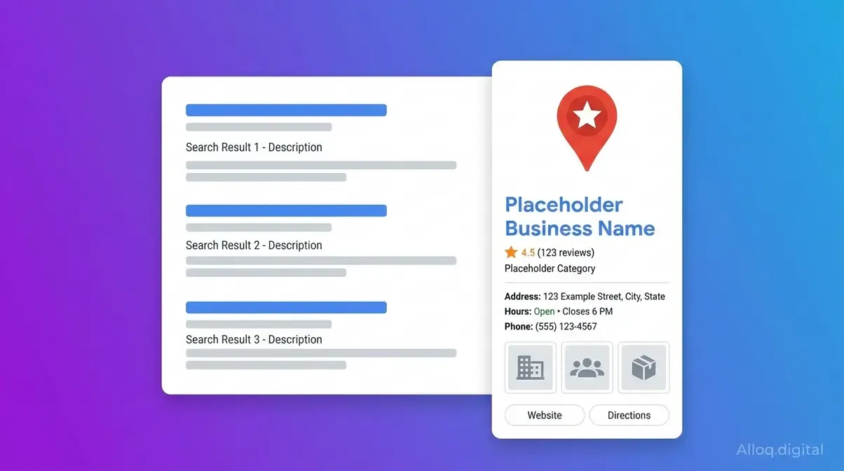 Illustration eines Google Unternehmensprofils mit Adresse, Öffnungszeiten und Bewertungen in der Suche