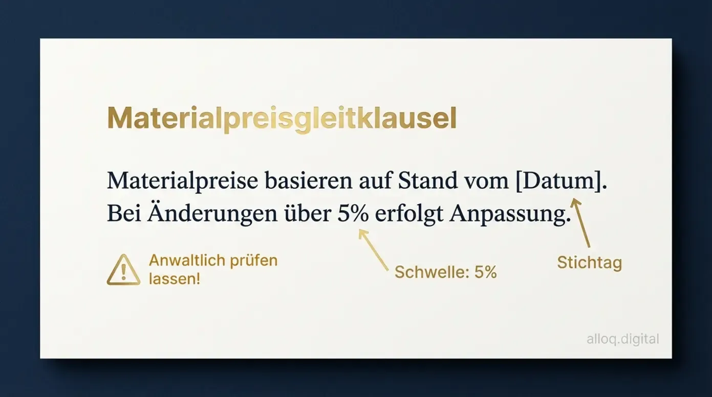 Muster einer Materialpreisgleitklausel mit Schwellenwert und Stichtag-Markierungen