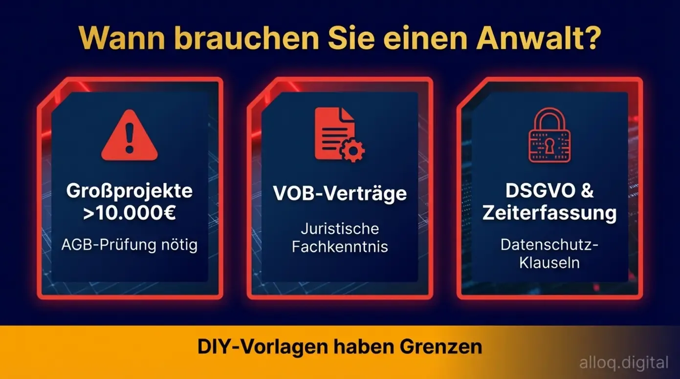 Infografik zu drei häufigen rechtlichen Fallstricken bei Handwerker-Angeboten mit Warnsymbolen
