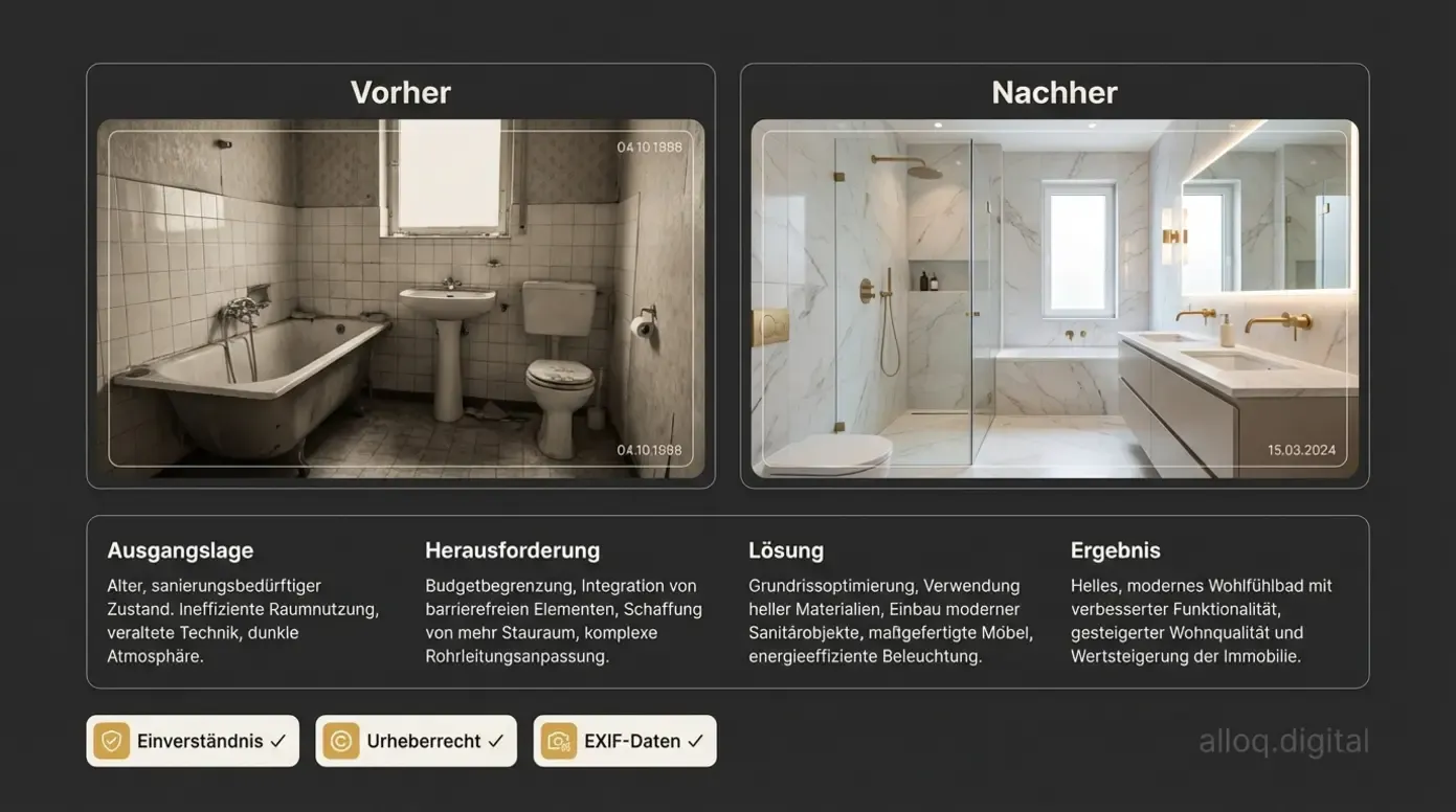 Vorher-Nachher-Portfolio-Template für Handwerker mit rechtlichen Hinweisen zu Einverständnis und Urheberrecht