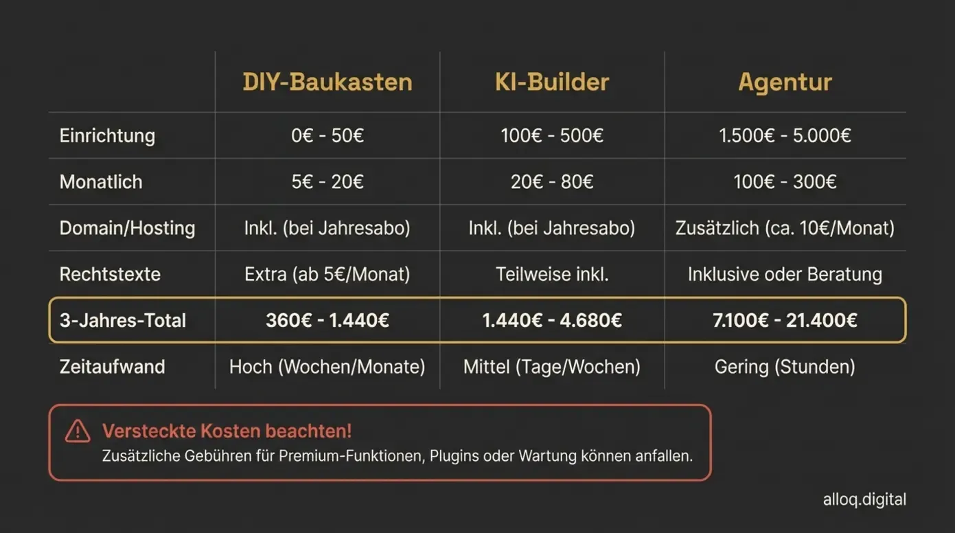 Detaillierte Kosten-Nutzen-Matrix: Baukasten, KI-Builder und Agentur im direkten Preisvergleich