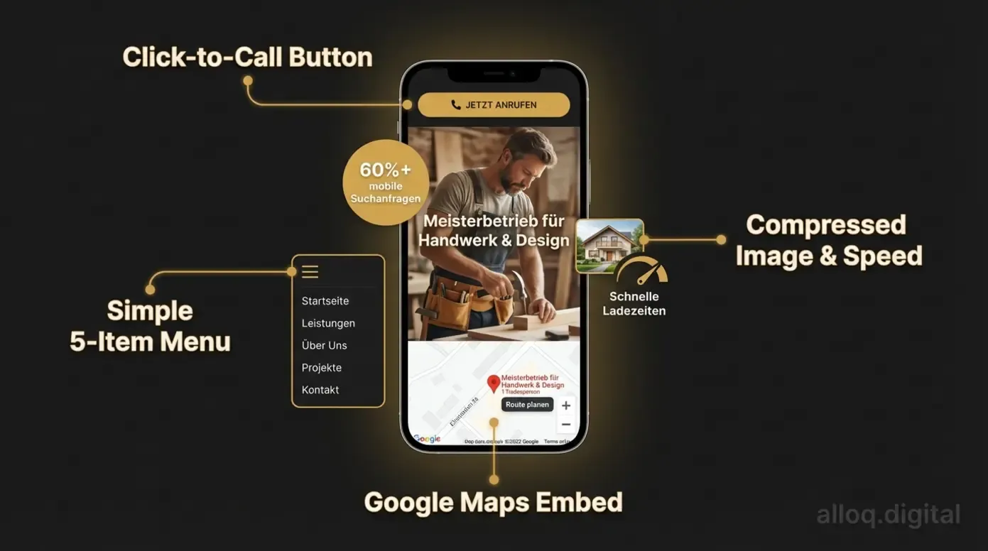 Smartphone-Mockup einer mobiloptimierten Handwerker-Website mit vier wichtigen Funktionen hervorgehoben