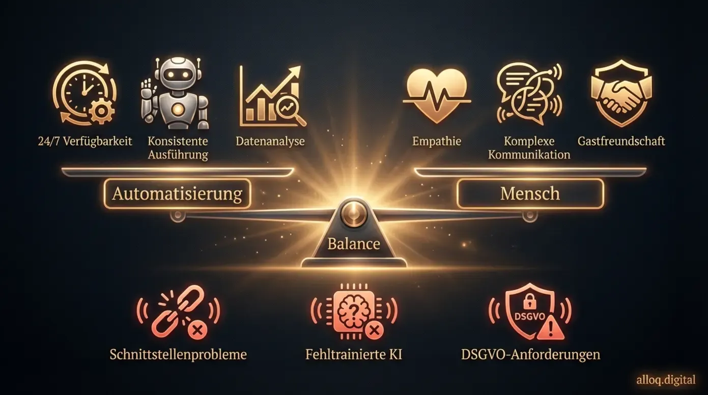 Waagediagramm zeigt Balance zwischen Automatisierung und menschlicher Gastfreundschaft im Hotel