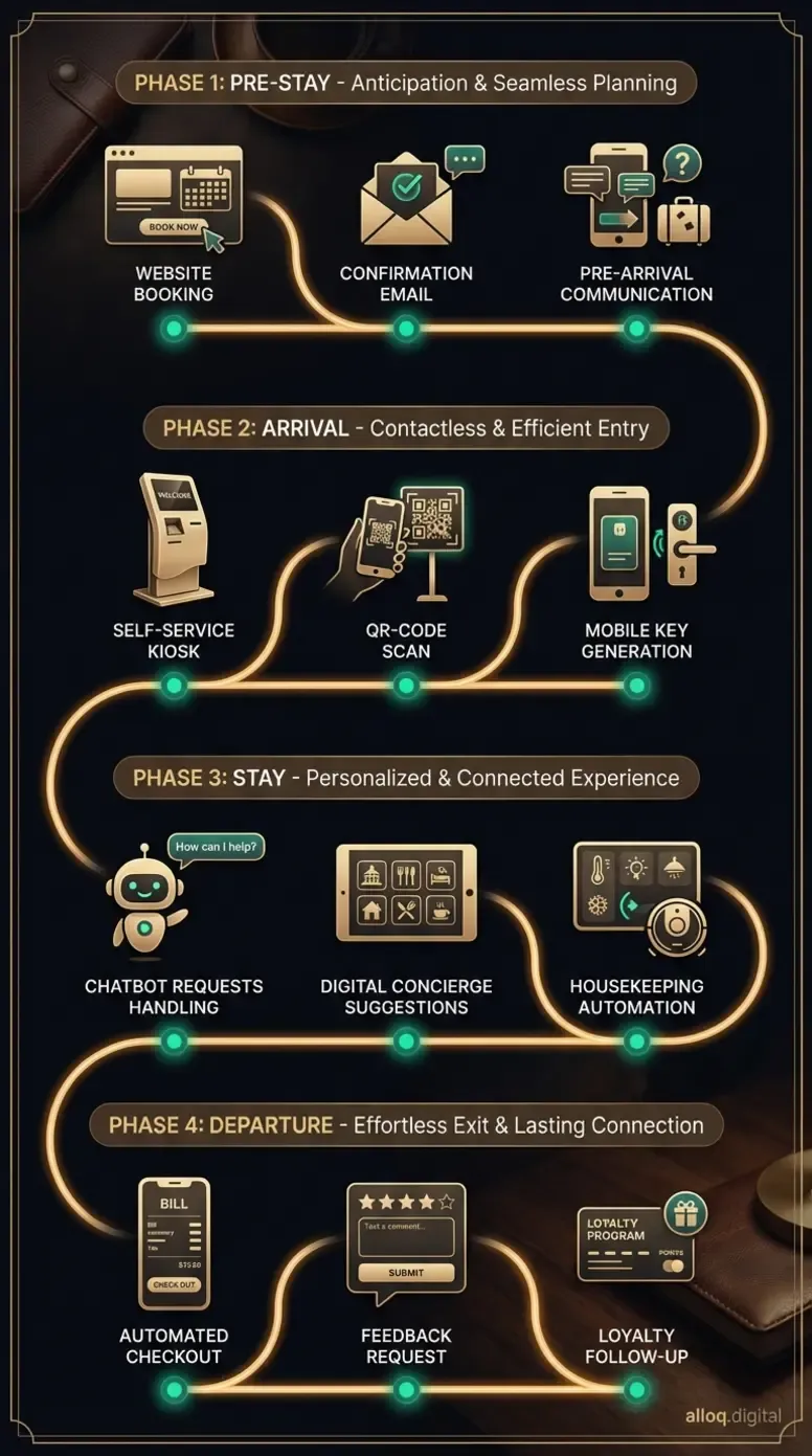 Detaillierte Guest Journey Infografik mit vier Phasen und Automatisierungs-Touchpoints