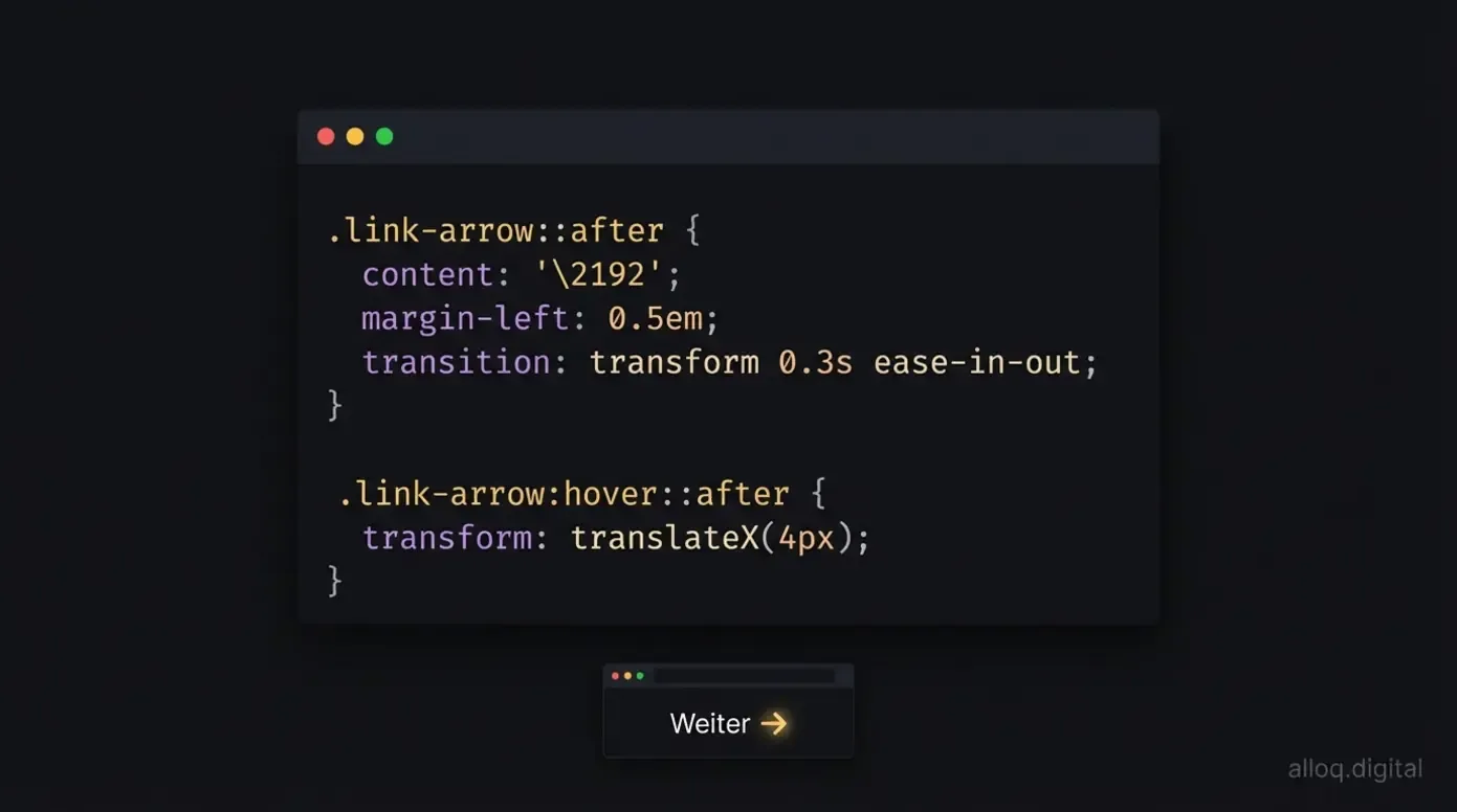 CSS-Code-Beispiel für die content-Property mit HTML-Pfeil und Browser-Vorschau